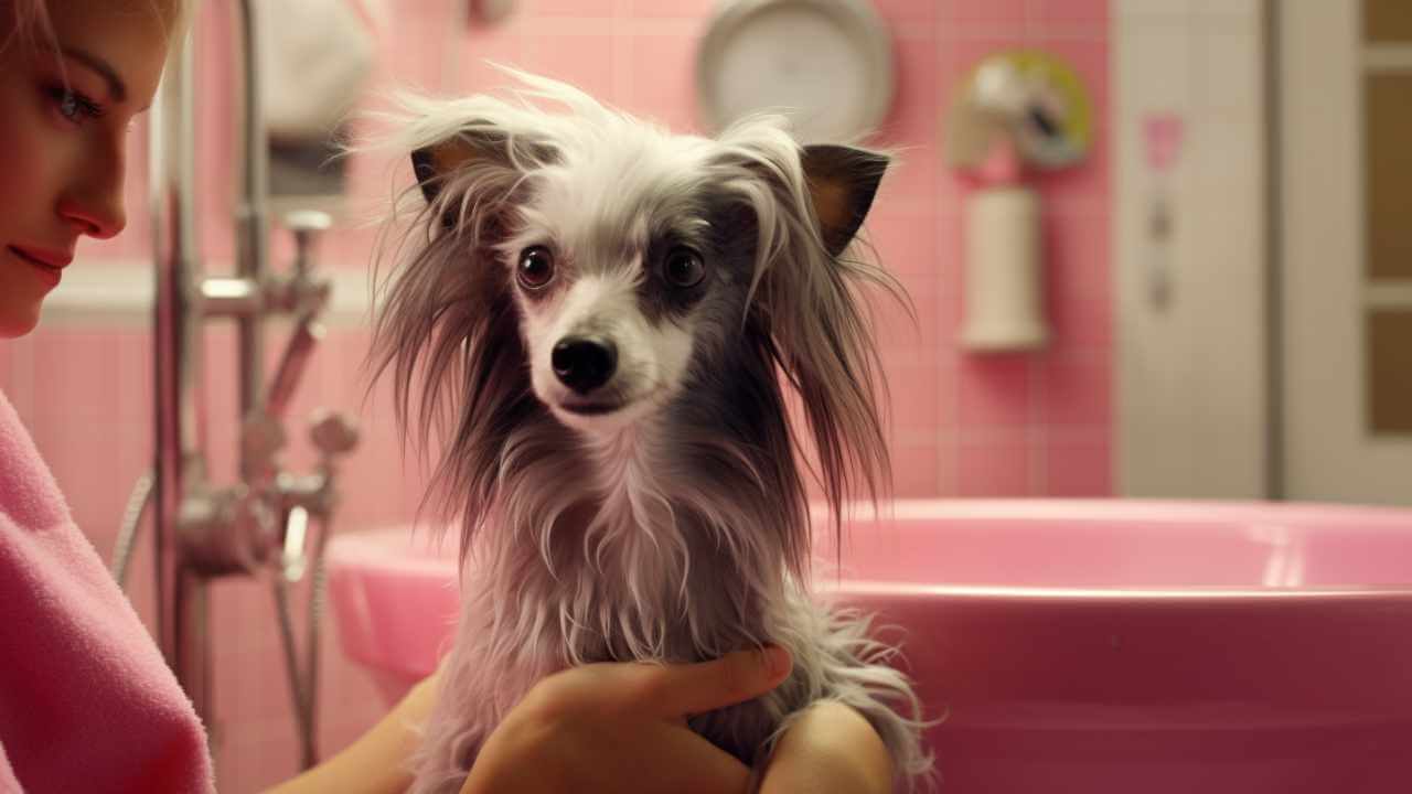 chinese crested enjoying shampoo and bath