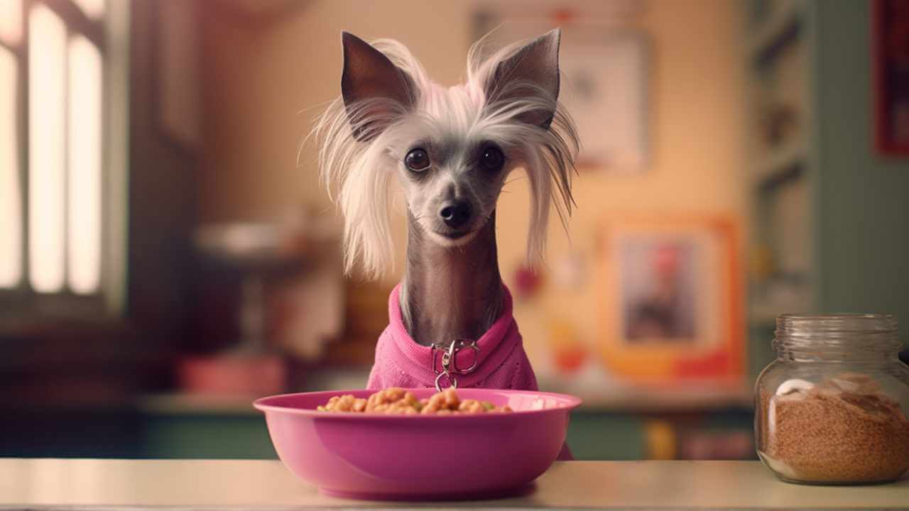 chinese crested having her dinner from a pink bowl